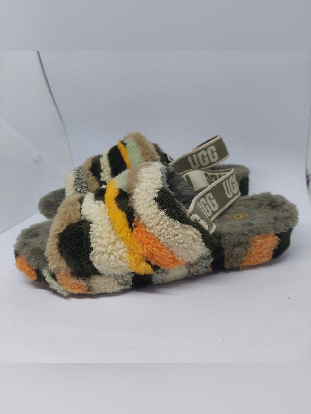 UGG Fluff Yeah Slide Cali Collage Olive Green Camo Slippers Womens Size 11